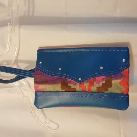 New Western theme Faux leather Clutch Wristlet Teal Pink wallet envelope bag - Picture 2 of 7